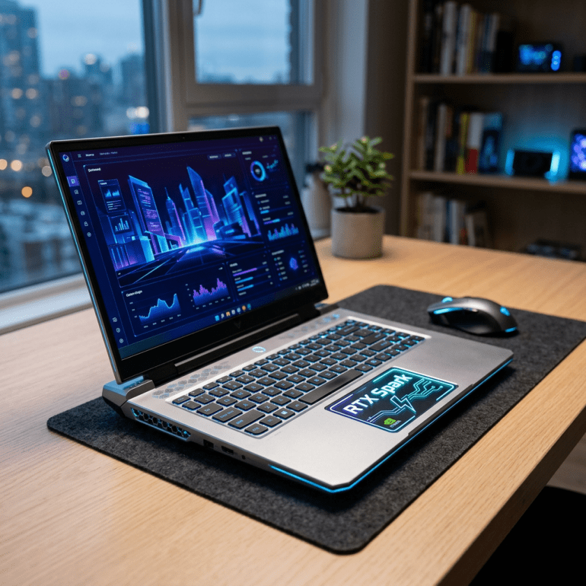Open gaming laptop on desk with illuminated keyboard and digital cityscape on screen