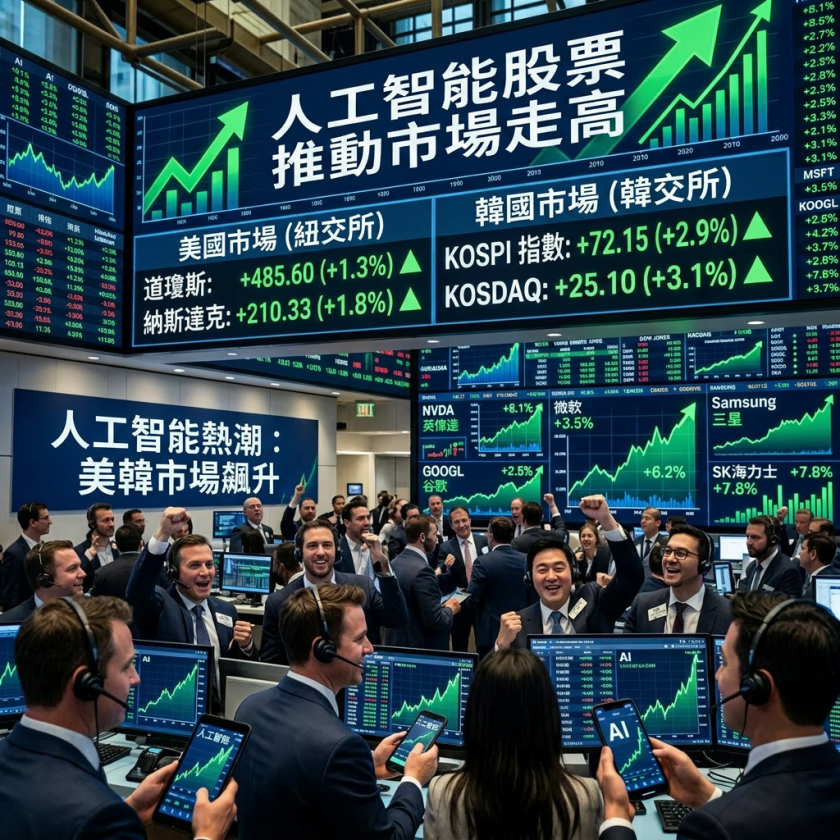 Stock market trading floor with traders celebrating AI stock gains