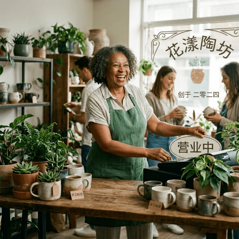 Smiling shopkeeper placing open sign in a plant and pottery store