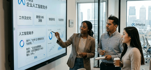 Three people collaborating around a digital screen displaying Meta Enterprise AI Assistant analytics and features