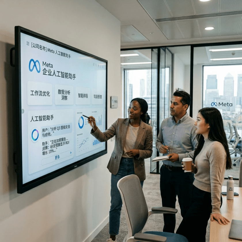 Three people collaborating around a digital screen displaying Meta Enterprise AI Assistant analytics and features