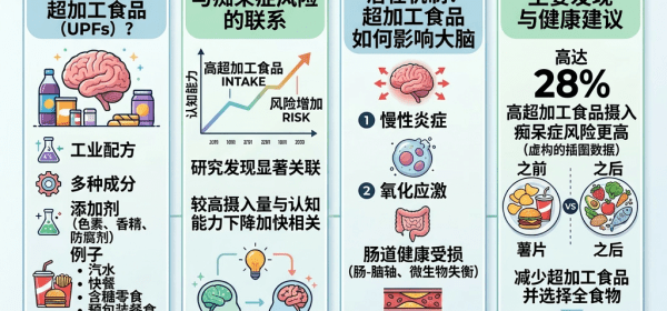 Infographic linking ultra-processed foods to increased dementia risk and brain health impacts