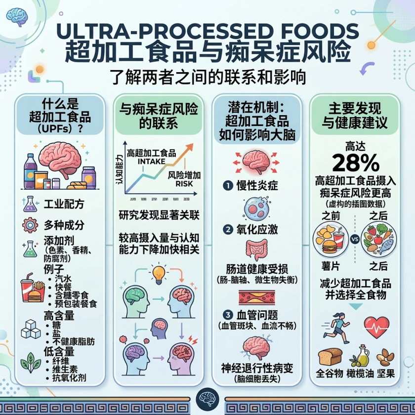 Infographic linking ultra-processed foods to increased dementia risk and brain health impacts