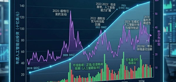 Graph showing AI cloud investment growth, stock market volatility, and market sentiment from 2018 to 2024