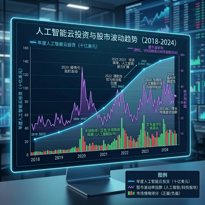 Graph showing AI cloud investment growth, stock market volatility, and market sentiment from 2018 to 2024