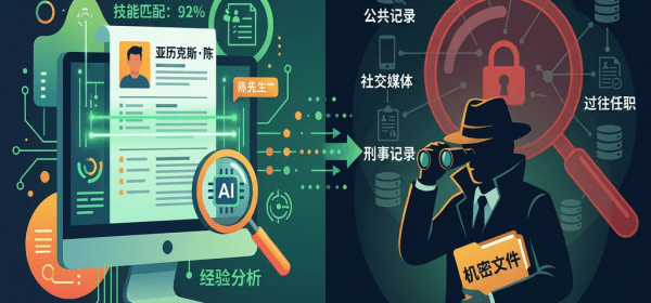 AI reviews resume with skills match and experience analysis; background check includes social media, criminal history, and employment records.