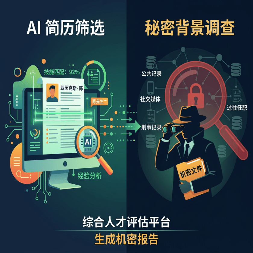 AI reviews resume with skills match and experience analysis; background check includes social media, criminal history, and employment records.