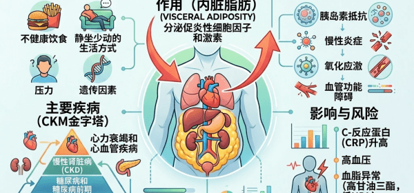 Infographic showing causes, effects, and management of cardiovascular-kidney-metabolic syndrome focused on abdominal fat
