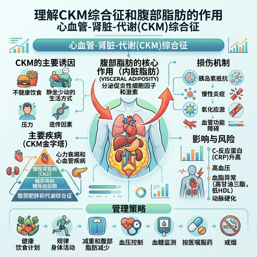 Infographic showing causes, effects, and management of cardiovascular-kidney-metabolic syndrome focused on abdominal fat