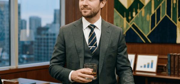 Man in gray suit holding a glass and documents in an executive office