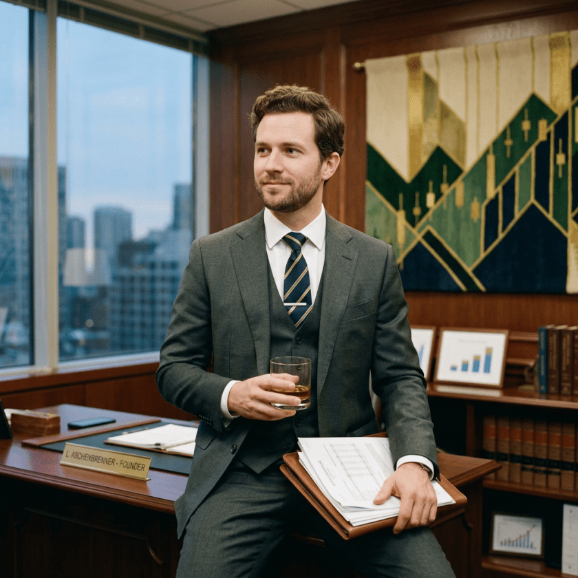 Man in gray suit holding a glass and documents in an executive office