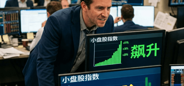 Screens showing small-cap indices surge and volatility risk warning in trading room