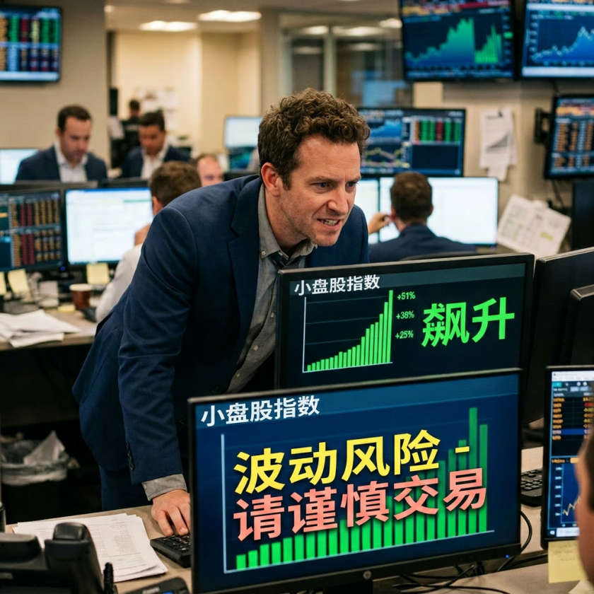Screens showing small-cap indices surge and volatility risk warning in trading room