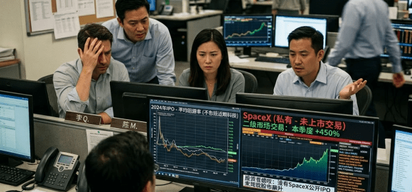 A team of financial analysts studying IPO returns and SpaceX secondary market trading information on computer screens.