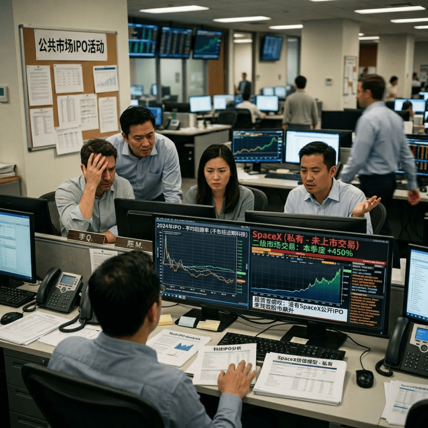 A team of financial analysts studying IPO returns and SpaceX secondary market trading information on computer screens.