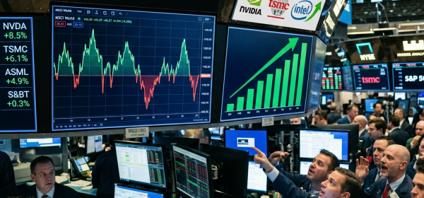 Stock market trading floor with traders and screens showing global market volatility and chip stock gains