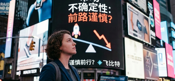 Woman holding tablet showing stock market chart with downward trend standing in Times Square under signs about wearable health tech IPO market uncertainty