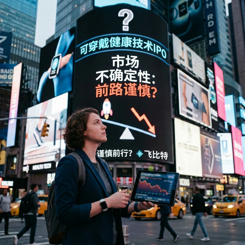 Woman holding tablet showing stock market chart with downward trend standing in Times Square under signs about wearable health tech IPO market uncertainty