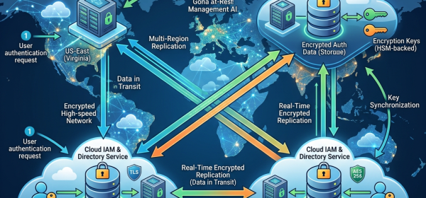 Diagram showing multi-region cloud authentication with encrypted data replication and key management.