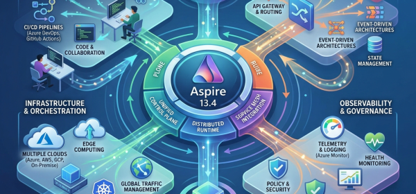 Diagram showing Microsoft Aspire 13.4 conceptual framework for distributed app development with sections for development, infrastructure, applications, and observability
