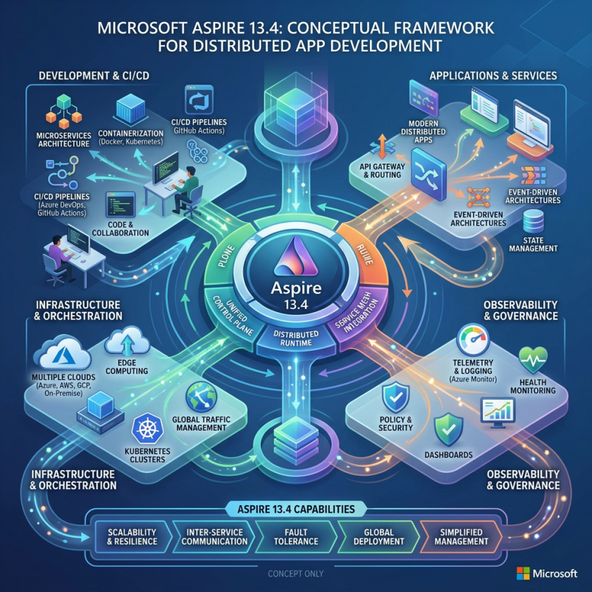 Diagram showing Microsoft Aspire 13.4 conceptual framework for distributed app development with sections for development, infrastructure, applications, and observability