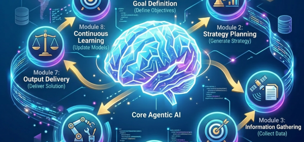 Diagram of core agentic AI with modules for goal definition, strategy planning, information gathering, analysis, decision making, action execution, output delivery, and continuous learning