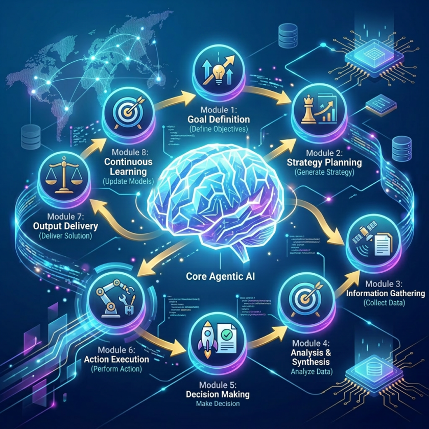 Diagram of core agentic AI with modules for goal definition, strategy planning, information gathering, analysis, decision making, action execution, output delivery, and continuous learning