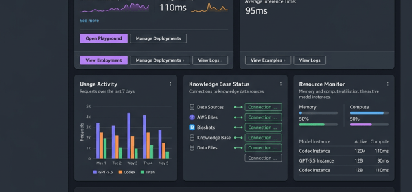 Dashboard displaying Amazon Bedrock console with model statistics, usage graphs, and resource monitoring