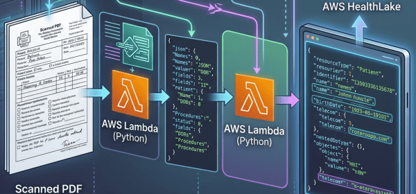 Diagram showing scanned PDF processed through AWS S3, Textract, Lambda functions, EventBridge, CloudWatch, IAM, and output to AWS HealthLake as FHIR patient resource