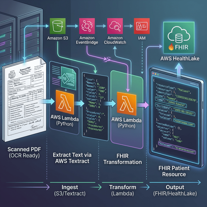 Diagram showing scanned PDF processed through AWS S3, Textract, Lambda functions, EventBridge, CloudWatch, IAM, and output to AWS HealthLake as FHIR patient resource