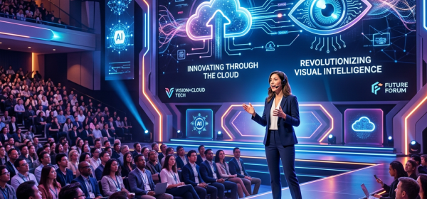 Speaker presenting AI and cloud technology innovations on stage at a conference with large digital screen and audience