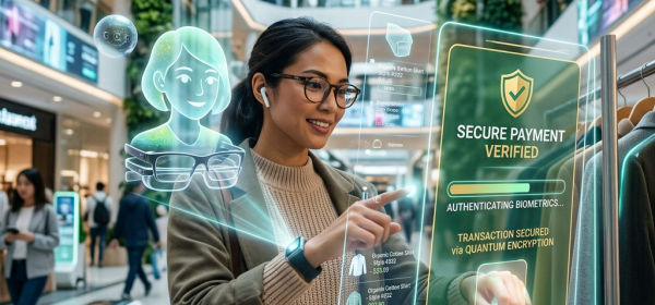 Woman using biometric authentication for secure payment with holographic interface in mall