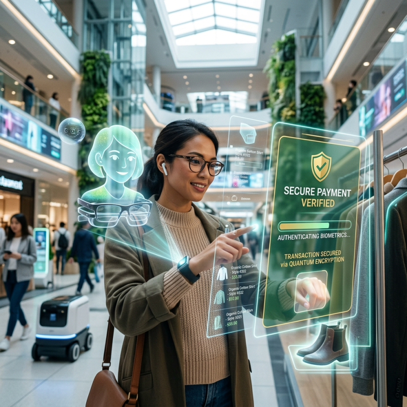 Woman using biometric authentication for secure payment with holographic interface in mall