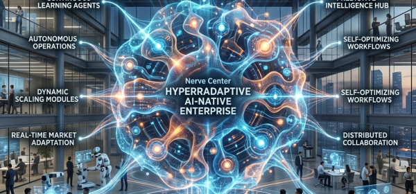 Hyperadaptive AI-native enterprise nerve center with labeled AI modules and business collaboration.