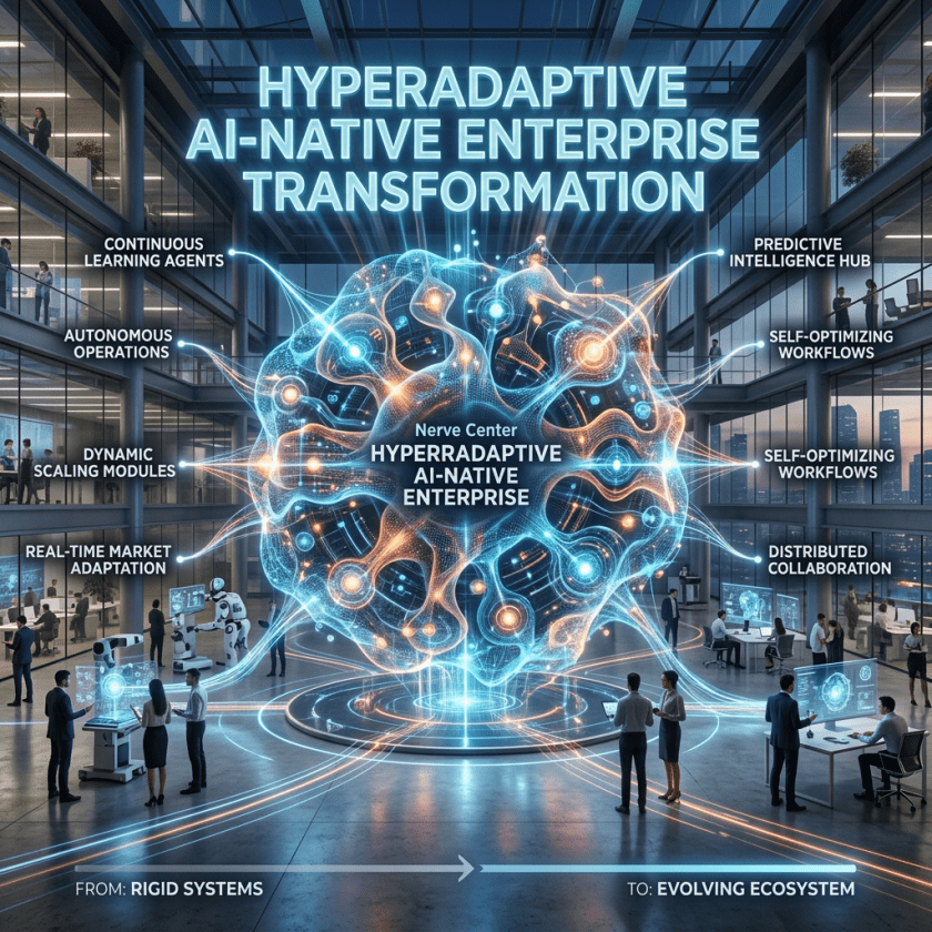 Hyperadaptive AI-native enterprise nerve center with labeled AI modules and business collaboration.
