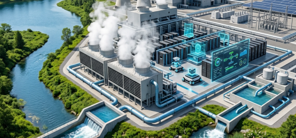 Modern energy facility with cooling towers, solar panels, AI data centers, and water channels in a green landscape