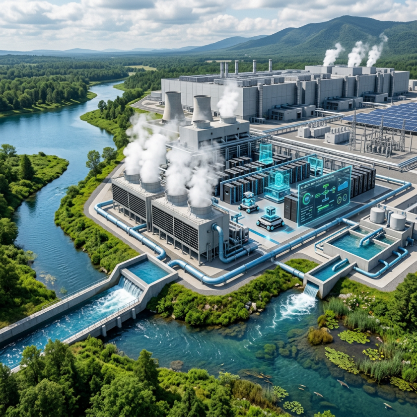 Modern energy facility with cooling towers, solar panels, AI data centers, and water channels in a green landscape