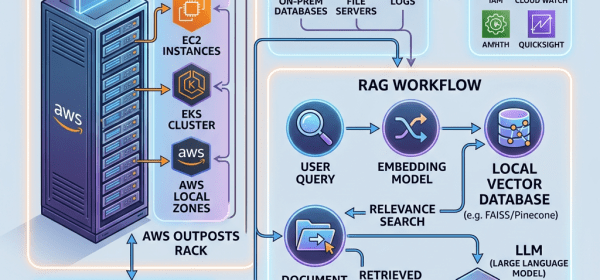 Diagram of on-premises AI architecture using AWS Outposts rack with EC2 instances, EKS cluster, local data sources, storage layer, and RAG workflow including embedding model and local vector database