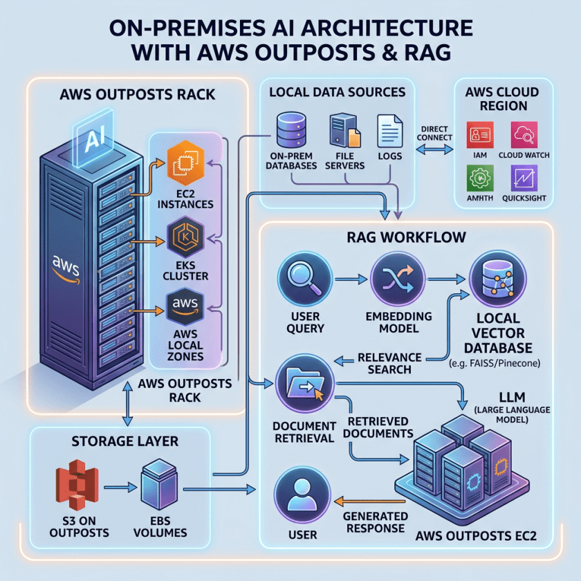 Diagram of on-premises AI architecture using AWS Outposts rack with EC2 instances, EKS cluster, local data sources, storage layer, and RAG workflow including embedding model and local vector database