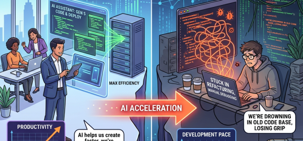 Comparison of developers using AI automation and legacy technology facing coding challenges