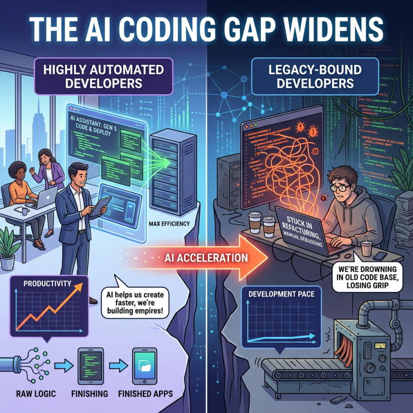 Comparison of developers using AI automation and legacy technology facing coding challenges