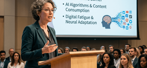Woman giving presentation on declining attention spans and AI shift with audience listening attentively