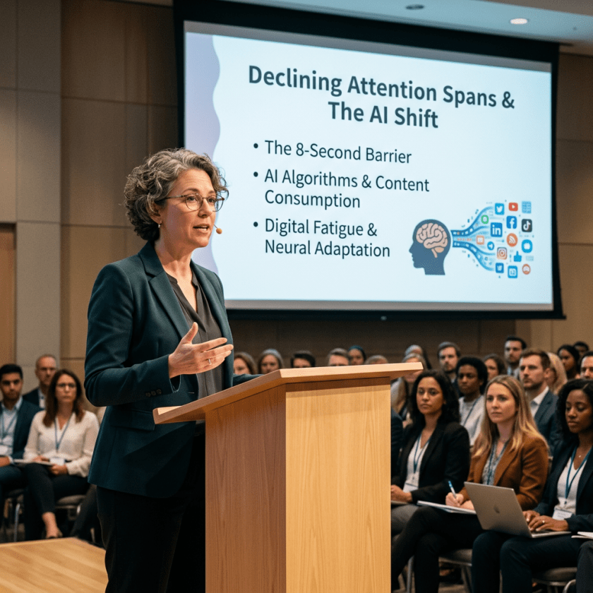 Woman giving presentation on declining attention spans and AI shift with audience listening attentively