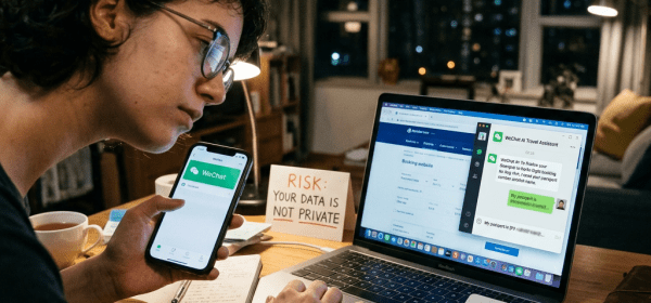 Person holding phone with WeChat open, laptop showing chat about passport details, and passport on desk
