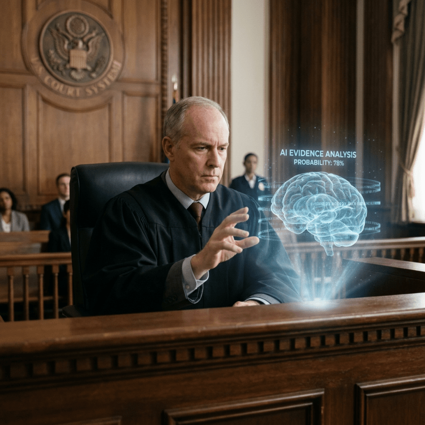 Judge interacting with a holographic brain model displaying AI evidence analysis probability