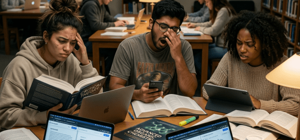 Three college students studying intensely with books and laptops in a library