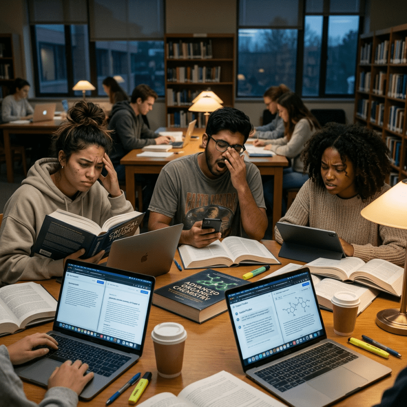 Three college students studying intensely with books and laptops in a library