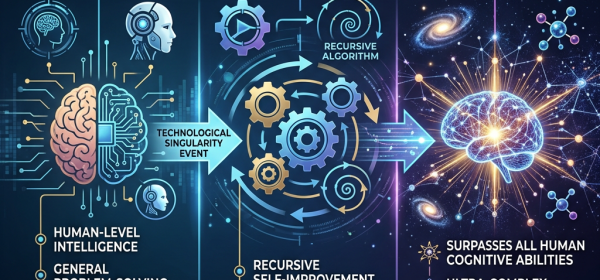 Diagram showing phases of AI evolution: Phase 1 AGI with human-level intelligence, Phase 2 self-improvement recursion, Phase 3 ASI surpassing human abilities