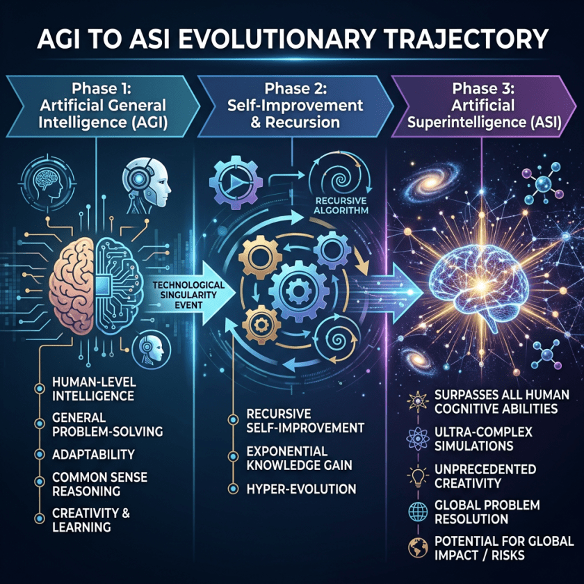 Diagram showing phases of AI evolution: Phase 1 AGI with human-level intelligence, Phase 2 self-improvement recursion, Phase 3 ASI surpassing human abilities