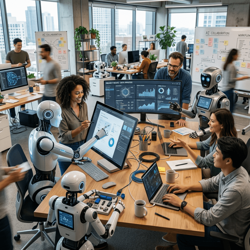 Humans and robots collaborating on computers with data analysis and AI workflow boards